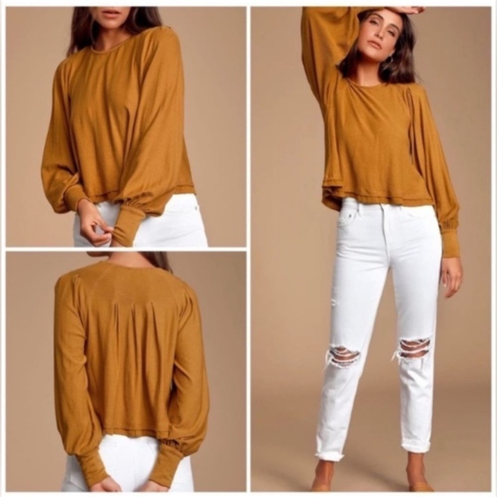 Free People Billie Puff Sleeve Slouchy Cropped Top Rust Brown Women’s Sz XS